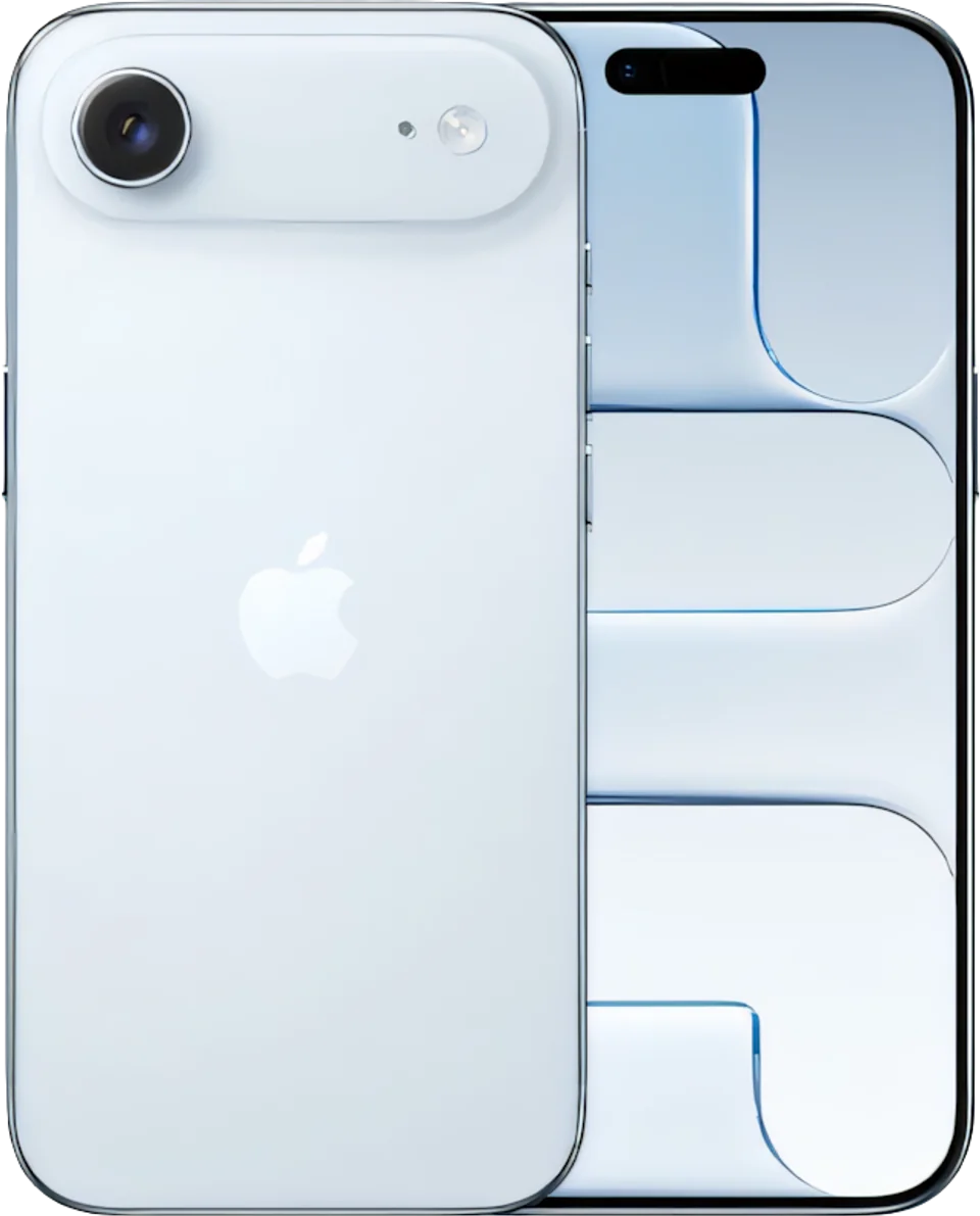 iPhone em acabamento azul-claro, visto de frente e de costas