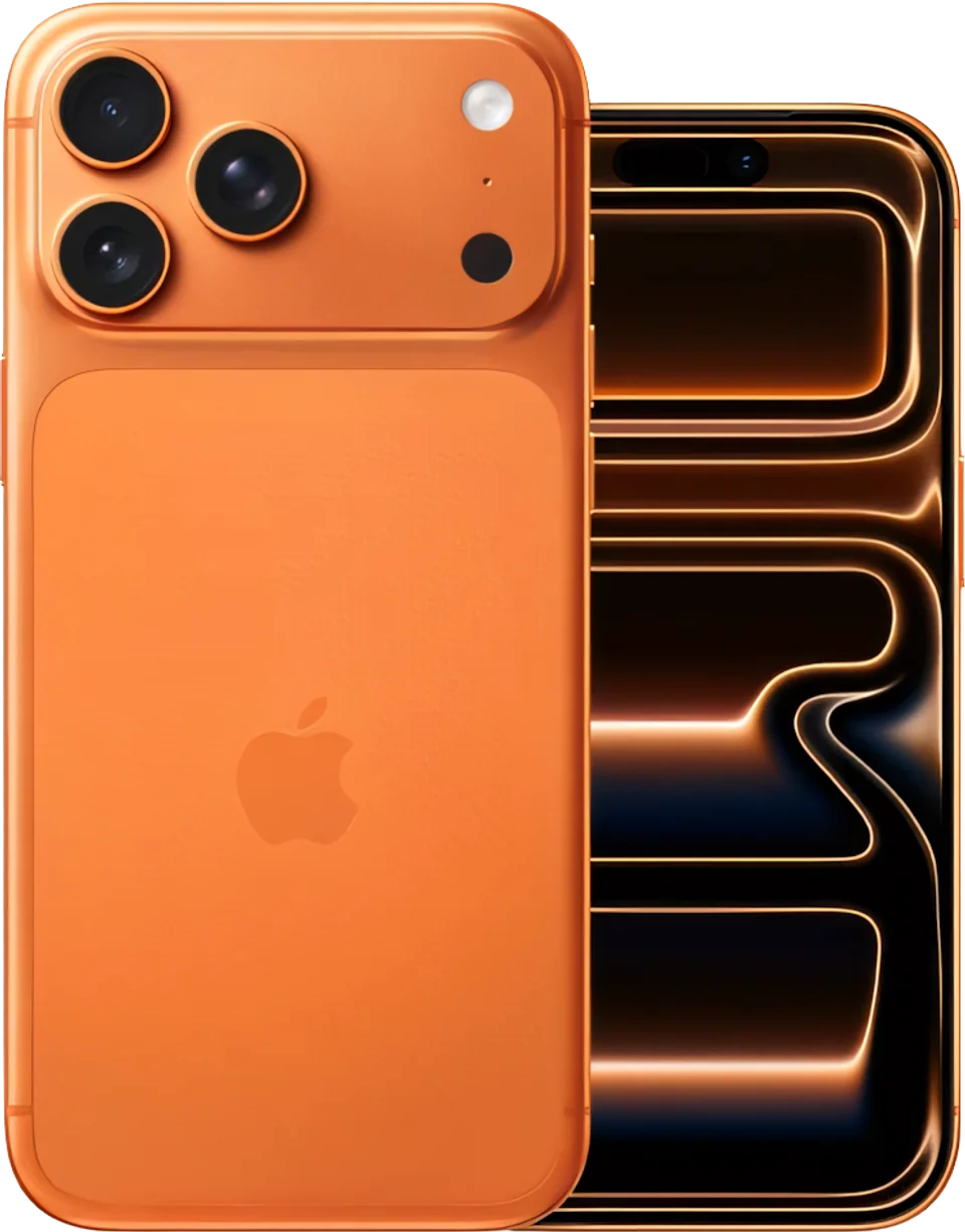 iPhone em acabamento laranja, visto de frente e de costas