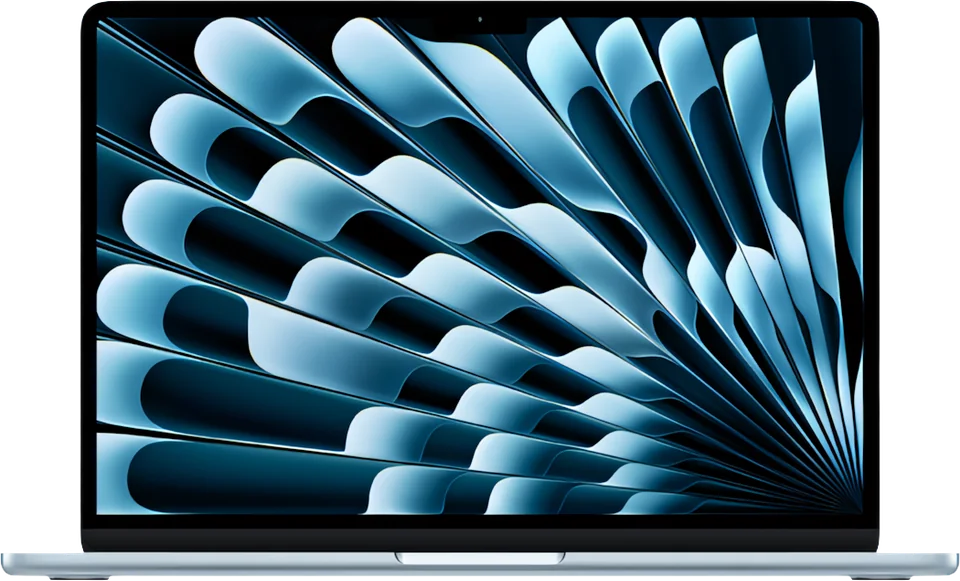 MacBook Air aberto, em acabamento azul